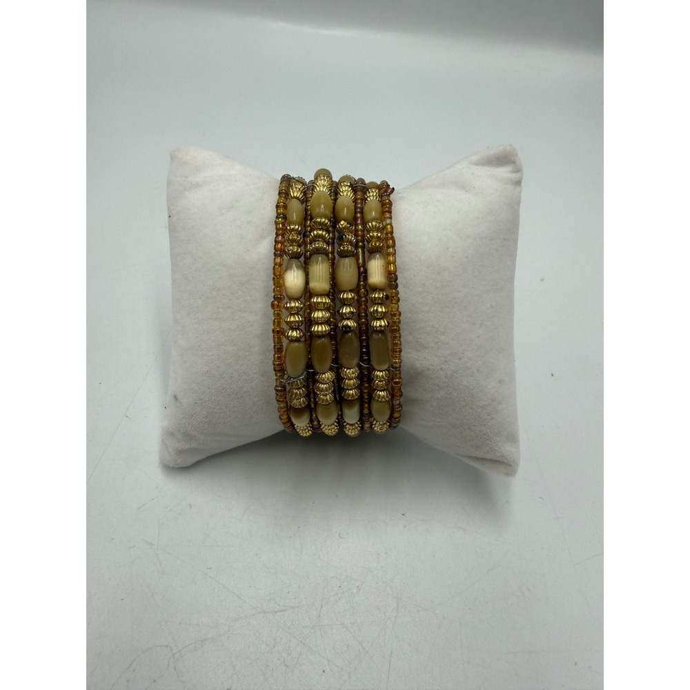 Boho Honey Gold Beaded Memory Wire Wrap Cuff Bracelet Multi Strand Stacked Style